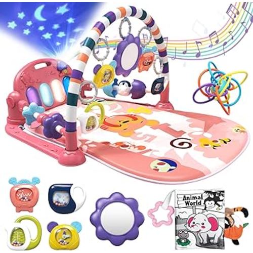 Tummy Time Play Mat, Baby Play Mat for Baby Girl Gifts, Kick and Play Piano Gym with 7 Infant Sensory Baby Toys 0-6 Months, Baby Activity Center Newborn Toys for Baby 0-3-6-9-12 Months