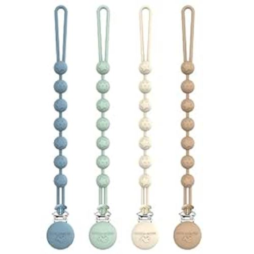 Cuddle Campus Silicone Pacifier Clip Holder with One Piece Design, Pack of 4 Soft Flexible Binky Clips with Texture for Baby Boy and Girl - Neutral - 6m+ Round