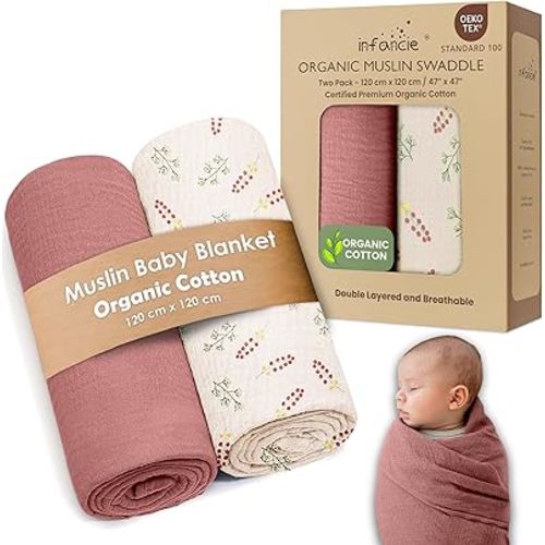 Organic Cotton Muslin Baby Blanket - 47x47 Inch Breathable Swaddle, Hypoallergenic Double-Layer, Versatile Use (Pink Floral, 47x47 Inch)