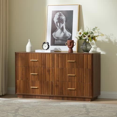 Fluted Double Dresser for Bedroom with 6 Drawers, 47" Wide Modern Chest of Drawers, Curved Profile Wood Storage Dressers TV Stand,Wooden Closet Clothes Storage Organizer for Living Room Hallway,Walnut