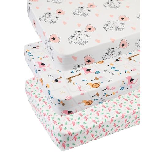 Pack n Play Sheet Stretchy Fitted Portable Mini Crib Sheets Set 3 Pack,Playard Sheets Convertible Playard Mattress Cover,Ultra Soft Jersey Material,Flamingo Elephant & Lion