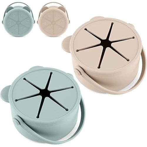 Silicone Snacks Containers for Toddlers, Baby Food Catcher Spill Proof, Kid Snacks Holder with DustProof Lid, 2 Pack Dishwasher Safe (Shifting Sand/Sage)
