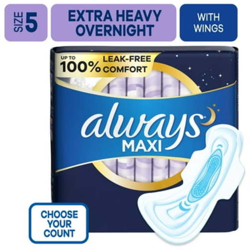 Always Maxi Pads, Size 5, Extra Heavy Overnight Absorbency, Unscented, 36 CT for Nighttime Use