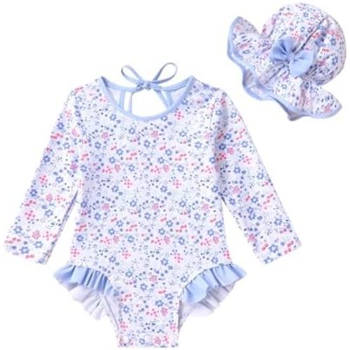YOUNGER TREE Infant Baby Girls Swimsuit Long Sleeve Swimsuits One Piece Swimsuit Solid Color Bathing Suit with Hat, UPF 50+