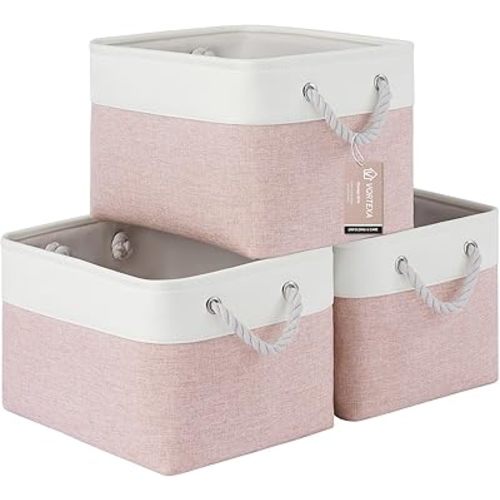 Large Storage Baskets- 15x11x10 inch Storage Bins for Shelves and Closet Organizing, Foldable Fabric Bin for Home Organization Clothes and Laundry (3-Pack, White&Pink)