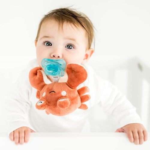 PaciBuddy Crab Pacifier Holder - Plush Toy with Detachable Pacifier & Universal Adapter, Gender Neutral Baby Gift for 0+ Months - Infant Plush Baby Toy, Versatile Baby Essentials, Binky