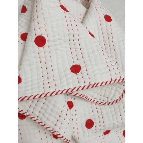 Red Polka-Dot Kantha Quilt, Block Print Cotton Blanket, Indian Boho Bedding, Reversible Lightweight Bedspread.