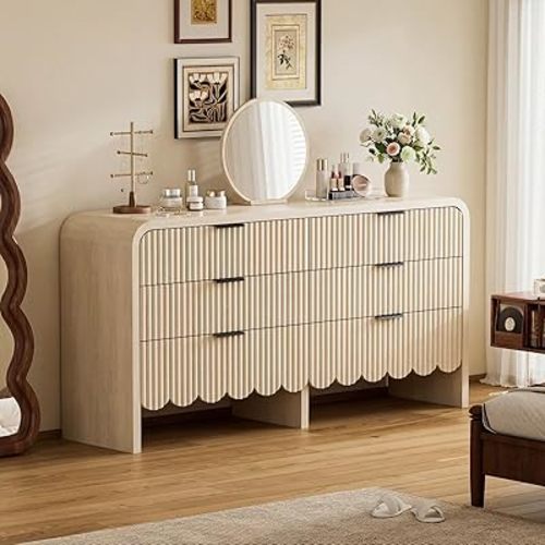6 Drawer Dresser for Nursery, Wood Storage Dresser with Drawers and Metal Handle, Fluted Dressers TV Stand, Wooden Closet Chest of Drawers for Kids Baby Room, Bedroom (Beige)
