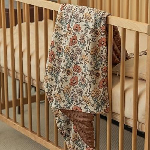 Baby Blanket for Girls, Soft Cozy Nursery Minky Blanket with Double Layer Dotted Backing for Infant Toddler in Crib Stroller, Floral Vintage Brown Blanket, 30x40 Inches