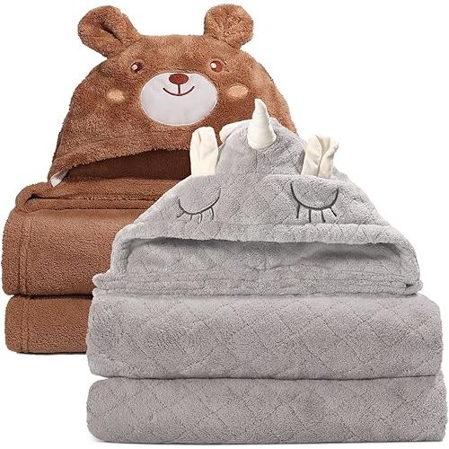 Baby Hooded Towels Boys 1-5, 2-Pack Thick Baby Boy Bath Towels, Soft Absorbent Toddler Hooded Bath Towels Age 1-5, 50" x 32" Hooded Towels for Toddlers Boys, Baby Bath Towel, Brown & Grey