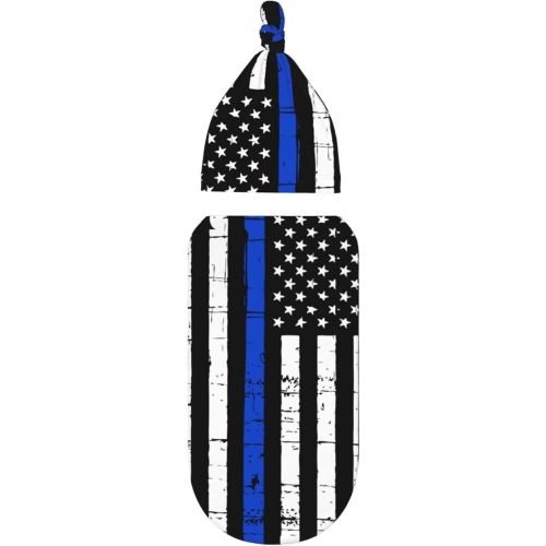 Baby Newborn Swaddle Blanket with Beanie Hat- American Blue line USA Police Stars Flag Pattern Receiving Blanket Sleep Sack for Girls Boys Infant Gifts