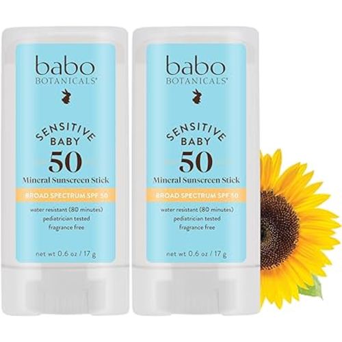 Babo Botanicals Sensitive Baby Mineral Sunscreen Stick SPF 50-70% Organic Ingredients - Zinc Oxide - NSF & Made Safe Certified - EWG Verified - Water Resistant - Fragrance-Free - for Babies & Kids