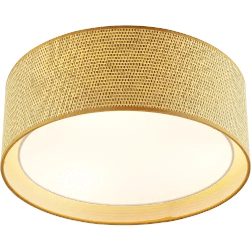 WINGBO 15.7" Modern 3-Light Flush Mount Ceiling Light Fixture with Fabric & Acrylic Double Drum Shade for Bedroom Living Room Dining Room Hallway Entryway, Flaxen