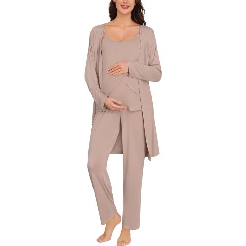SWOMOG Maternity Pajamas Set 3 PCS Nusing Pajamas Labor and Delivery Gown & Camisole & Pants Postpartum Pjs