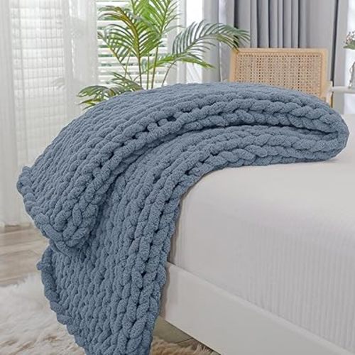 Bigacogo Chunky Knit Blanket Throw 40"x40", 100% Hand Knitted Chenille Throw Blanket, Small Thick Yarn Cable Knit Blanket, Cute Rope Knot Crochet Throw Blankets for Couch Bed Sofa (Cold Sea Blue