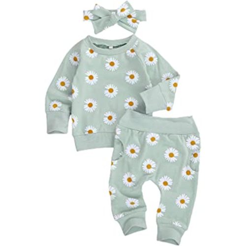 3Pcs Baby Girl Outfits Daisy Sweatshirt + Pants + Headband Infant Fall Winter Clothes