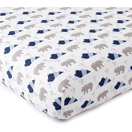 Levtex Baby - Trail Mix Crib Fitted Sheet - Fits Standard Crib and Toddler Mattress - Tossed Bears and Moutains - Blue, Grey and White - Nursery Accessories - 100% Cotton