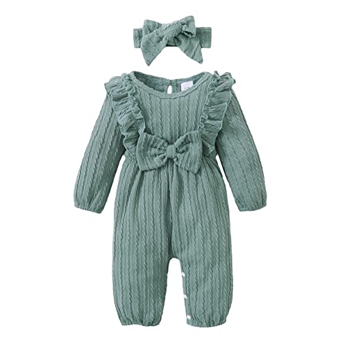 Happy Town Baby Girl Romper Infant Fall Winter Clothes Ruffle Sweater Long Sleeve Bodysuit Jumpsuit and Headband