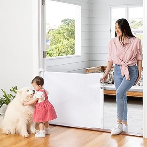 Retractable Baby Gate Perma Child Safety 33" Tall x 71” Wide, Mesh, for Stairs, Doorways, Dogs, Pets, Indoor, Outdoor, One-Handed Operation, Locking, Easy Install, Hardware Mount, White
