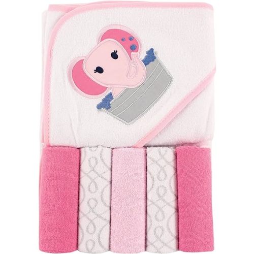 Luvable Friends Unisex Baby Hooded Towel with Five Washcloths, Pink Elephant, One Size
