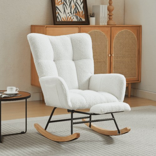 JXXRZ Nursery Rocking Chair with Footrest, Oversized Teddy Plush Rocker & Modern Upholstered High Back, White