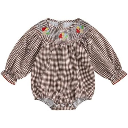 Baby Girl Thanksgiving Outfit Clothes Long Sleeve Turkey Plaid Smocked Bubble Romper Bodysuit Jumpsuit One Piece