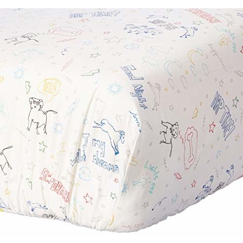 ED Ellen DeGeneres Doodle Dog - 100% Cotton Fitted Crib Sheet, All-Over Doodle Print, Ivory, Royal, Red, Yellow