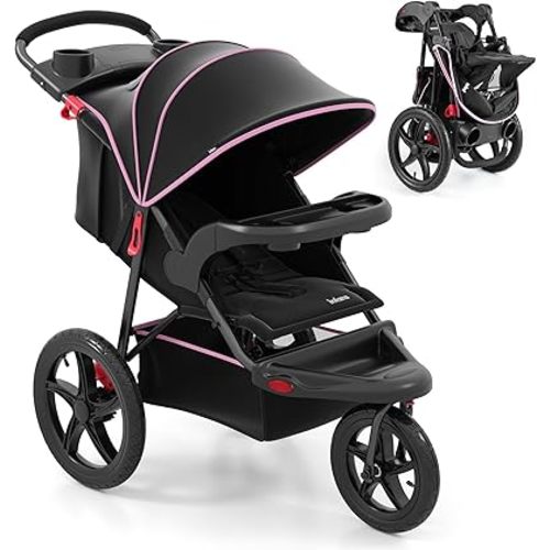 INFANS Jogging Stroller, Jogger Travel System with Shock Absorbing Suspension Dining Plate Cup Holder Adjustable Backrest, Lightweight Baby Strollers for Newborn (Pink)