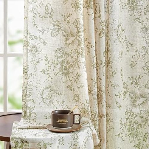 Topick Linen Blend Floral Curtains for Living Room 84 Inch Length Sage Green Printed Rod Pocket Back Tab Farmhouse Peony Patterned Drapes Bedroom Window Treatment 2 Panel Set
