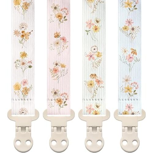 Stadela Baby Fabric Pacifier Clip Holder, Plastic Clip, 4‑Pack, Wildflowers Pattern, Charlotte Set