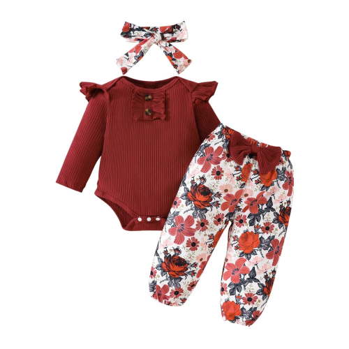 Dezsed Baby Girl Clothes Newborn Infant Outfits Ruffle Ribbed Romper+ Floral Pants + Cute Headband Sets for Girls for 3-6 Months Wine on Clearance