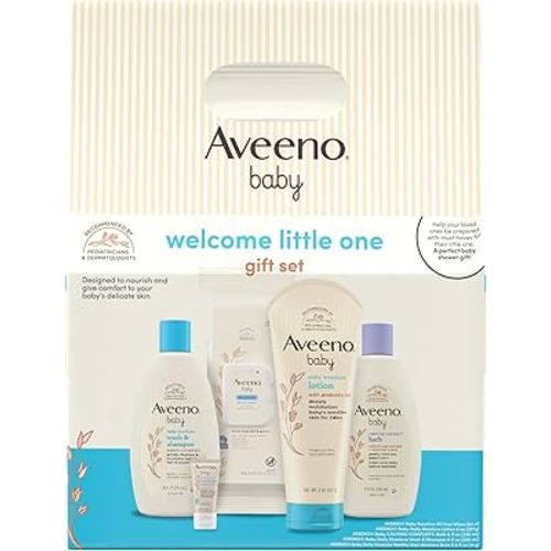 Aveeno Baby Welcome Little One Gift Set, Baby Skincare Set with Nourishing Baby Body Wash & Shampoo, Calming Bath Wash, All Over Baby Wipes, Daily Moisturizing Lotion, & Baby Balm, 5 Items