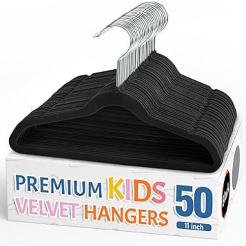 Smartor Premium 11 Inch Baby Hangers 50 Pack, Black Kids Velvet Hanger, Non Slip, Space Saving Felt Hangers Clothes Organizers for Closet with 360° Swivel Hook for Children, Infant & Toddler