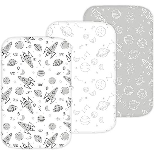 TansyPanda Bassinet Sheets for Bellababy, Besrey, AMKE, and Milliard Bedside Bassinet Sleeper, 3PC, 18 x 30 Inch, Ultra Soft, Breathable, Snug Fit, Unisex Boys, Girls, Gray White (Space Rockets)