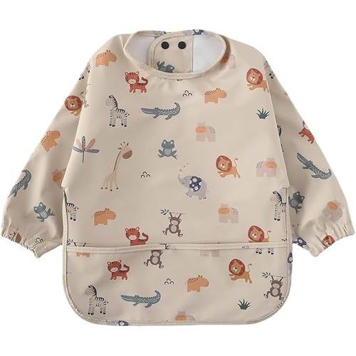 GZMM Waterproof Baby Bibs,Infant Toddler Long Sleeve Feeding Bib With Food Catcher,Easy Clean & Washable