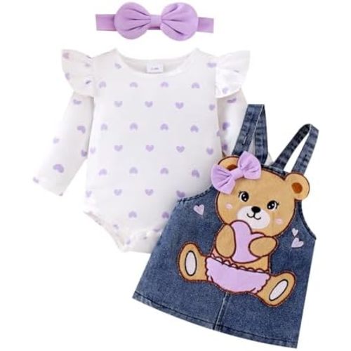 Baby Girl Clothes Fall Winter Outfits Long Sleeve Romper Bear Cartoon Suspender Skirt Bow Headband Set 0-18 Months
