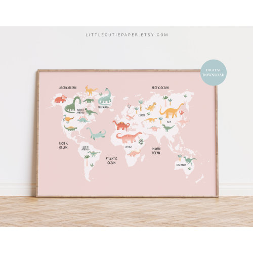 Pink Dinosaur World Map Wall Art Digital Download, Dinosaur Nursery, Dinosaur Map for Girl Room Decor, Boys Nursery Dinosaur Decor DINO001