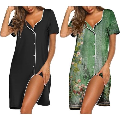 Ekouaer Nightgowns for Women 2 Pack Button Down Sleepshirt Short Sleeve Nightshirt Soft Sleepwear V Neck Pajama Dress