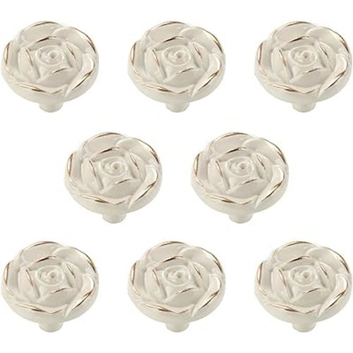 Antique Rose Flower Cabinet Knobs, Vintage Kitchen Shabby Chic Zinc Alloy White Drawer Pull Handles for Dresser Vanity Nightstand Cupboard Wardrobe, 8 Pack (Golden Line)