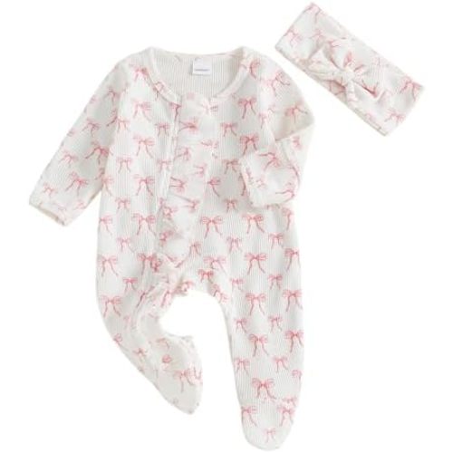 Newborn Baby Girl Outfits Bow/Plaid Print Footed Jumpsuit Ruffle Zipper Romper Cute Fall Baby Coming Home Outfit