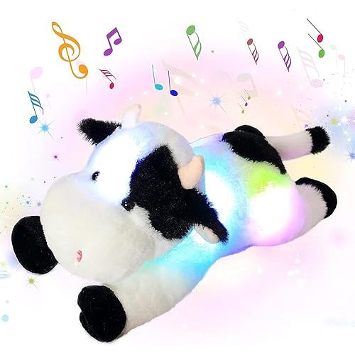 Cuteoy Musical Plush Cow Stuffed Animal Soft Glowing LED Light-up Nightlight Toys Singing Lullabies Birthday Christmas Plushies Gifts for Kids Boys Girls,15.5"