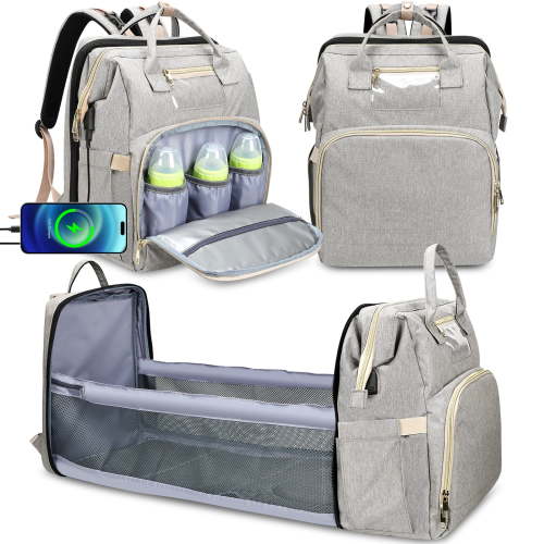 DERSTUEWE Diaper Bag Backpack,Multi-Functional Diaper Bag with Changing Station,USB Charging Port,Grey Color