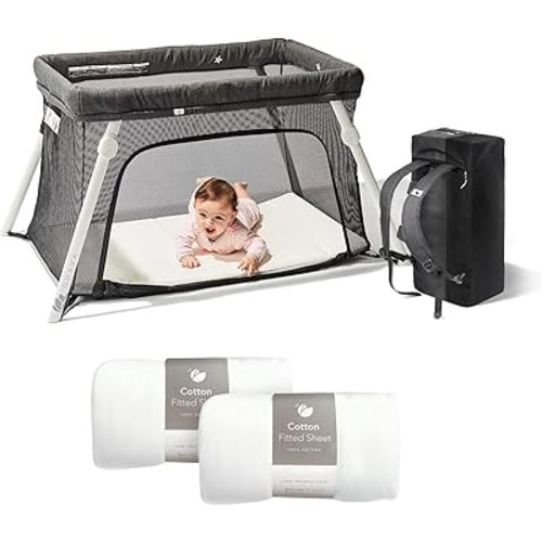 Guava Lotus Travel Crib Bundle with Two Cotton Sheets & Mattress | Play Yard with Lightweight Backpack Design | Certified Baby Safe Portable Crib | Folding Portable Playpen for Babies & Toddlers