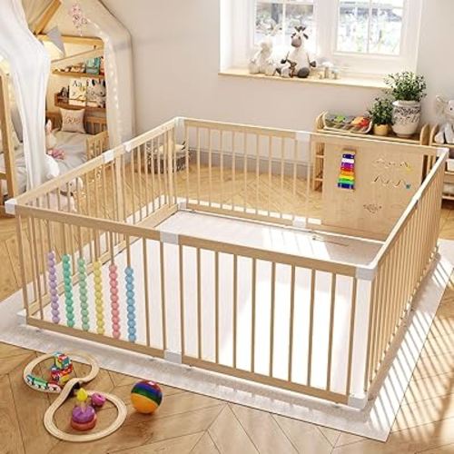 Large Wooden Baby Playpen (8/10 Panel) Shape & Size Adjustable Playpen for Babies and Toddlers, Baby Fence Baby Play Yard with Door, Baby Gate Play Pen for Kids Activity Center 63”×63”