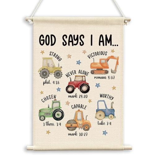 QWFFNBMU Christian Construction Nursery Baby Boys Room Wall Decor, Excavator Toddler Bible Verses Decor, God Says I Am Truck Playroom Wall Art Canvas Flag Banner Decor for Home Baby Kids Boys Room