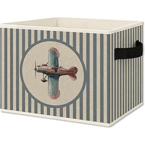 Vintage Airplane Nursery Foldable Storage Bins Box with Handles, Kids Room Decor for Boys, Blue Striped Plane Collapsible Organizer Basket for Kids Nursery Room Bedroom Playroom Toys Books