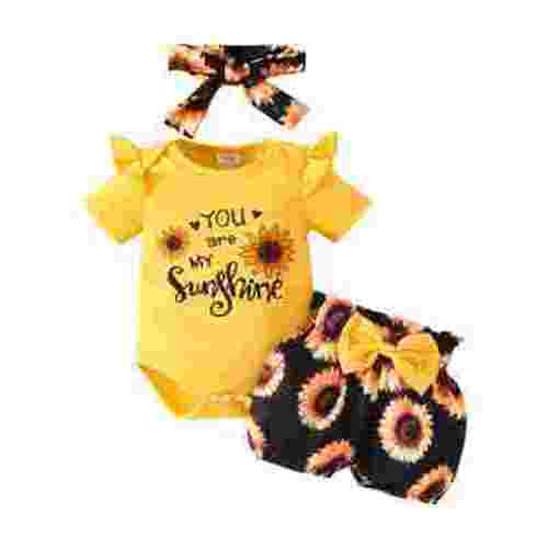 Sopiago Baby Girl Clothes Short Sleeve Romper Shorts Set Floral Summer Outfits Cute Baby Girls Clothes with Headband Yellow,9-12 Months