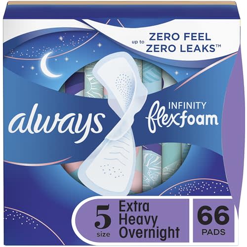 Always Infinity Feminine Pads for Women, Flexfoam Pads with Wings, Size 5, Extra Heavy Overnight Absorbency, Unscented, 66 Count (Packaging May Vary)