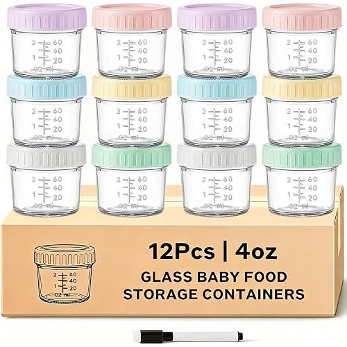 12 Pack Glass Baby Food Containers 4 oz Glass Baby Food Jars with Lids Baby Food Maker Small Baby Food Storage Containers Microwave Dishwasher Freezer Safe 100% Leak Proof BPA Free Reusable