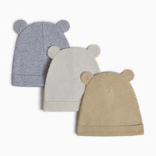 Small Story Organic Cotton Bear Hat (3 Pack) - Grey/Oat, 0-6 M